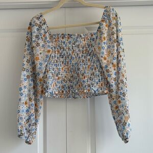 Love Tree Floral Smocked Blouse - Blue and Orange EUC